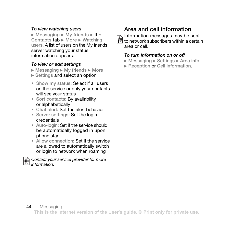 Area and cell information | Sony Ericsson K550 User Manual | Page 44 / 97