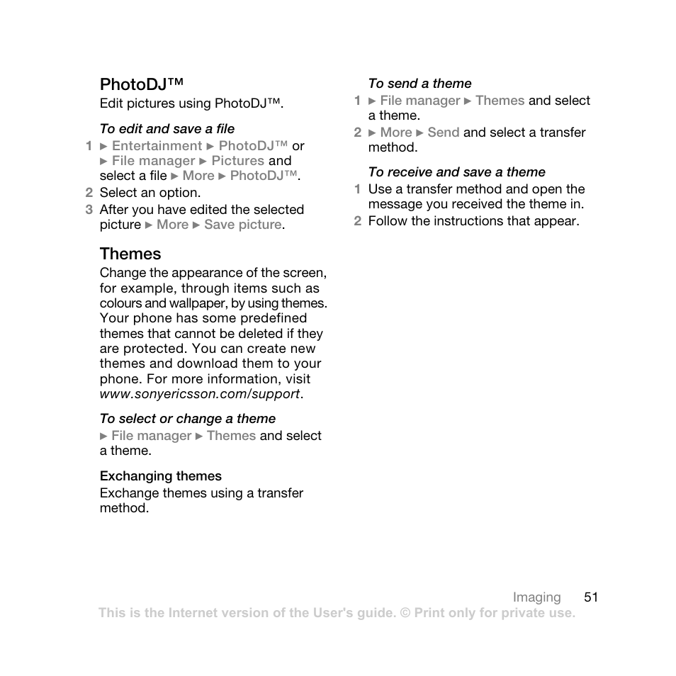 51 photodj, Photodj, Themes | Sony Ericsson K550 User Manual | Page 51 / 97