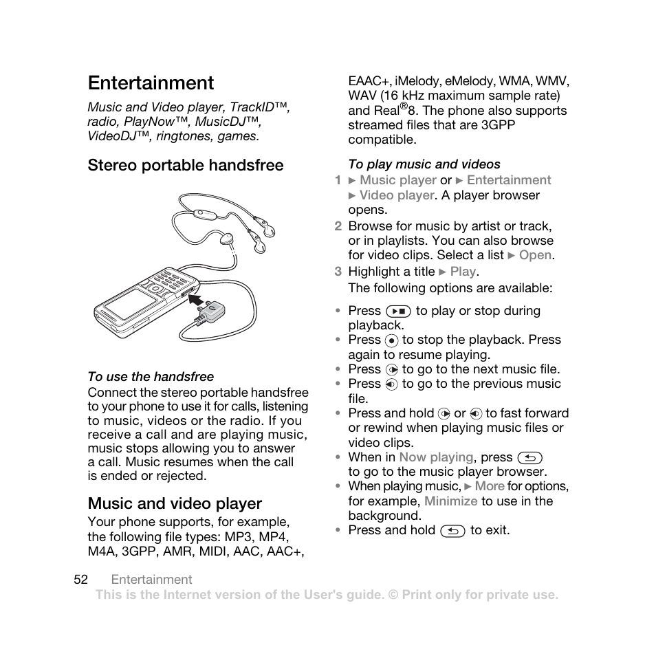 Entertainment, Stereo portable handsfree, Music and video player | Sony Ericsson K550 User Manual | Page 52 / 97