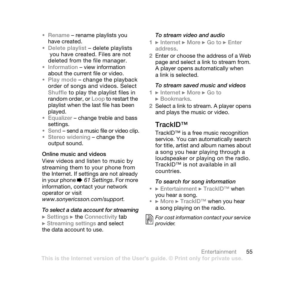 Trackid | Sony Ericsson K550 User Manual | Page 55 / 97