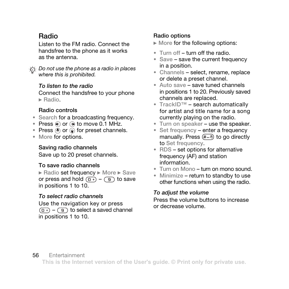 Radio | Sony Ericsson K550 User Manual | Page 56 / 97