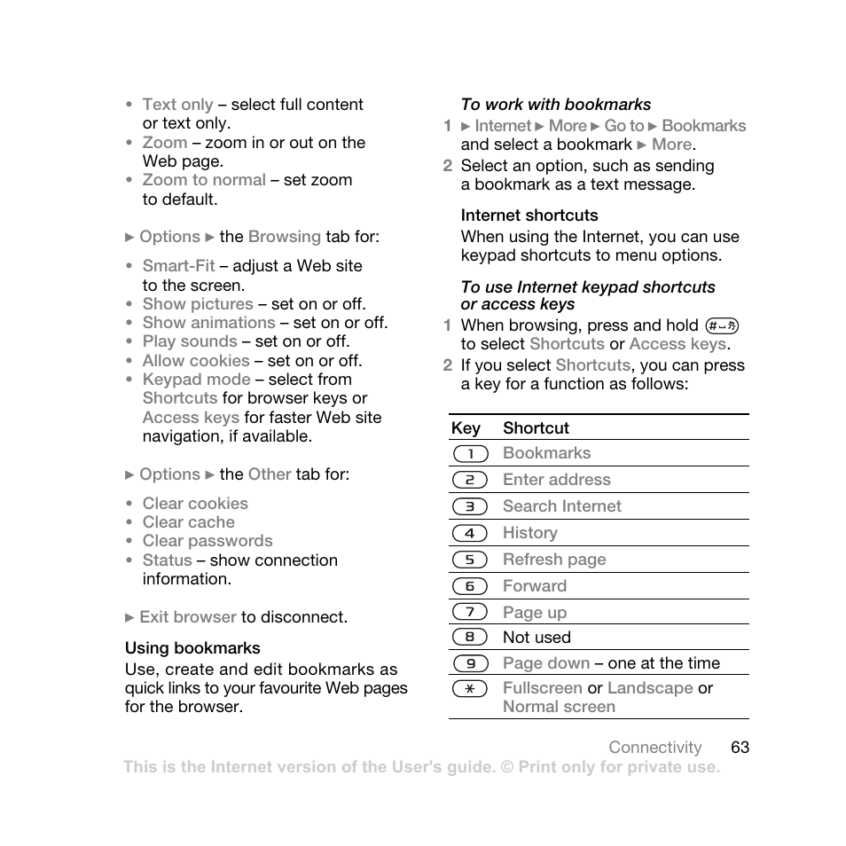 63 to use internet keypad, Shortcuts or access keys | Sony Ericsson K550 User Manual | Page 63 / 97