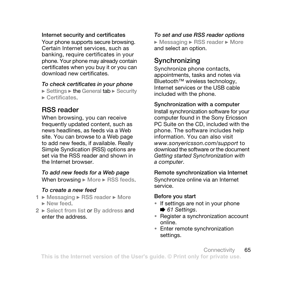 Rss reader, Synchronizing | Sony Ericsson K550 User Manual | Page 65 / 97