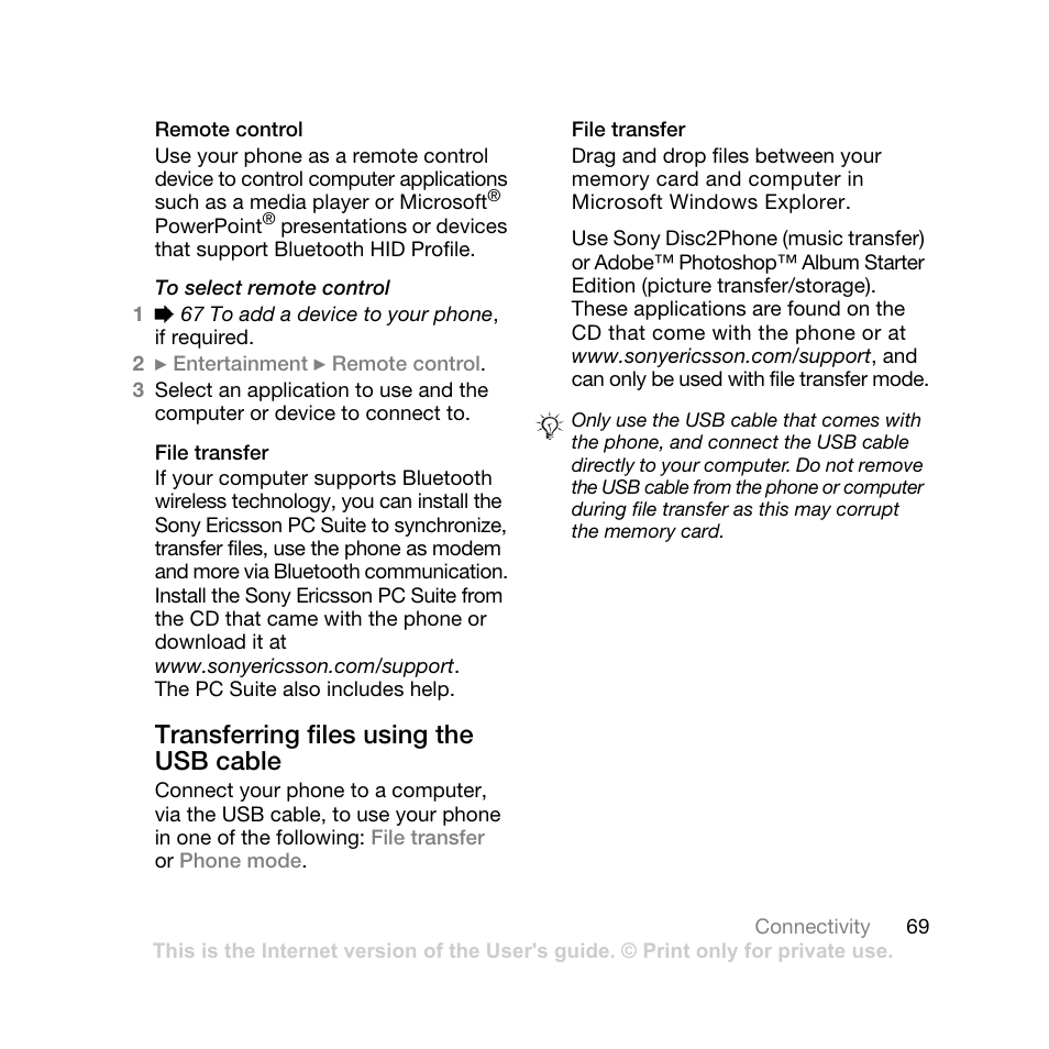 69 transferring files using the usb, Cable, Transferring files using the usb cable | Sony Ericsson K550 User Manual | Page 69 / 97