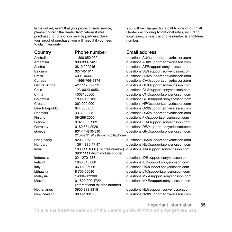 85 important information, Country phone number email address | Sony Ericsson K550 User Manual | Page 85 / 97