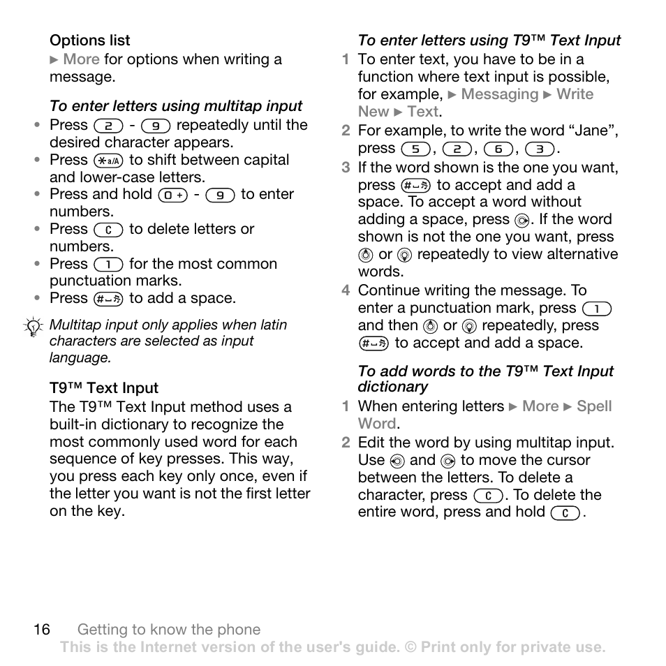 Options list, T9™ text input | Sony Ericsson Z710c User Manual | Page 16 / 99