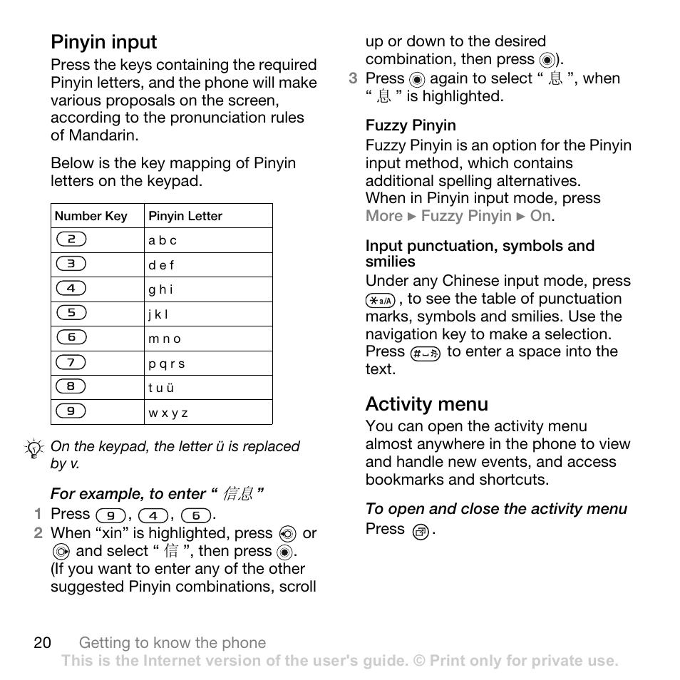 Pinyin input, Fuzzy pinyin, Input punctuation, symbols and smilies | Activity menu | Sony Ericsson Z710c User Manual | Page 20 / 99