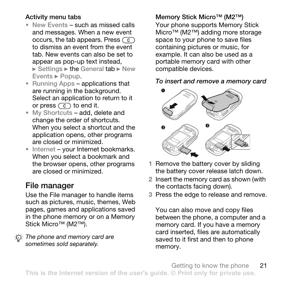 Activity menu tabs, File manager, Memory stick micro™ (m2™) | Sony Ericsson Z710c User Manual | Page 21 / 99