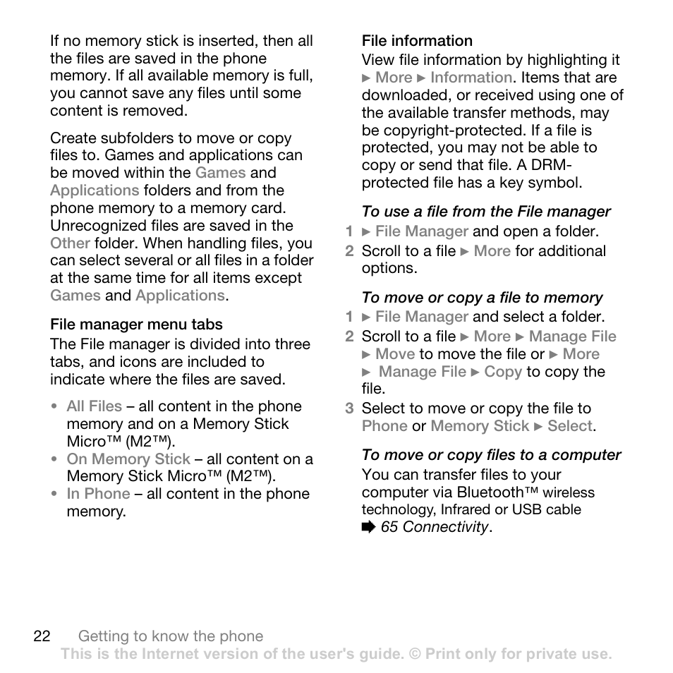 File manager menu tabs, File information | Sony Ericsson Z710c User Manual | Page 22 / 99