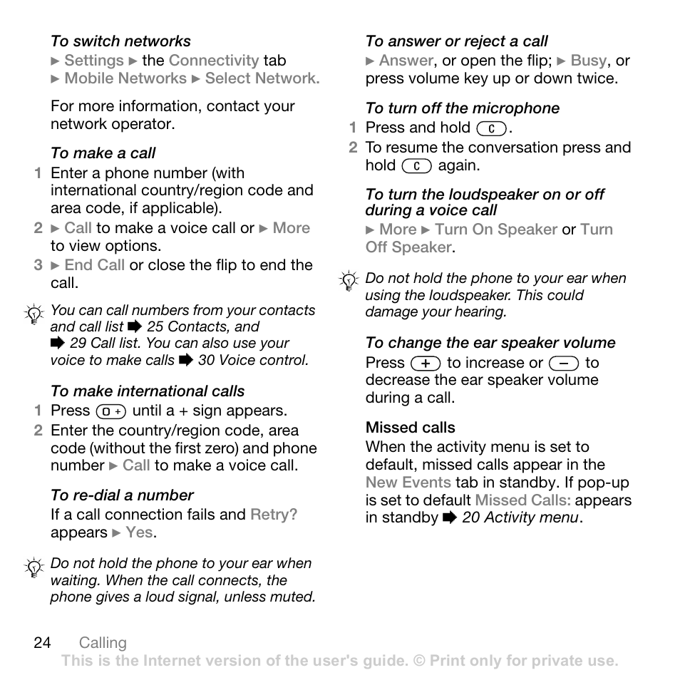 Missed calls | Sony Ericsson Z710c User Manual | Page 24 / 99