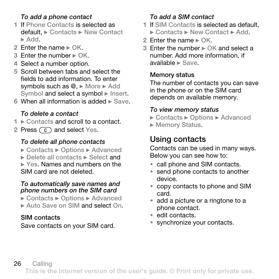 Sim contacts, Memory status, Using contacts | Sony Ericsson Z710c User Manual | Page 26 / 99