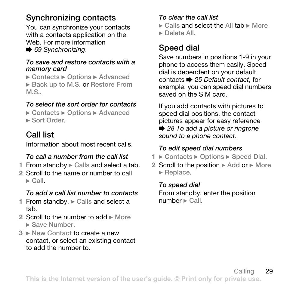 Synchronizing contacts, Call list, Speed dial | 29 call list. y | Sony Ericsson Z710c User Manual | Page 29 / 99