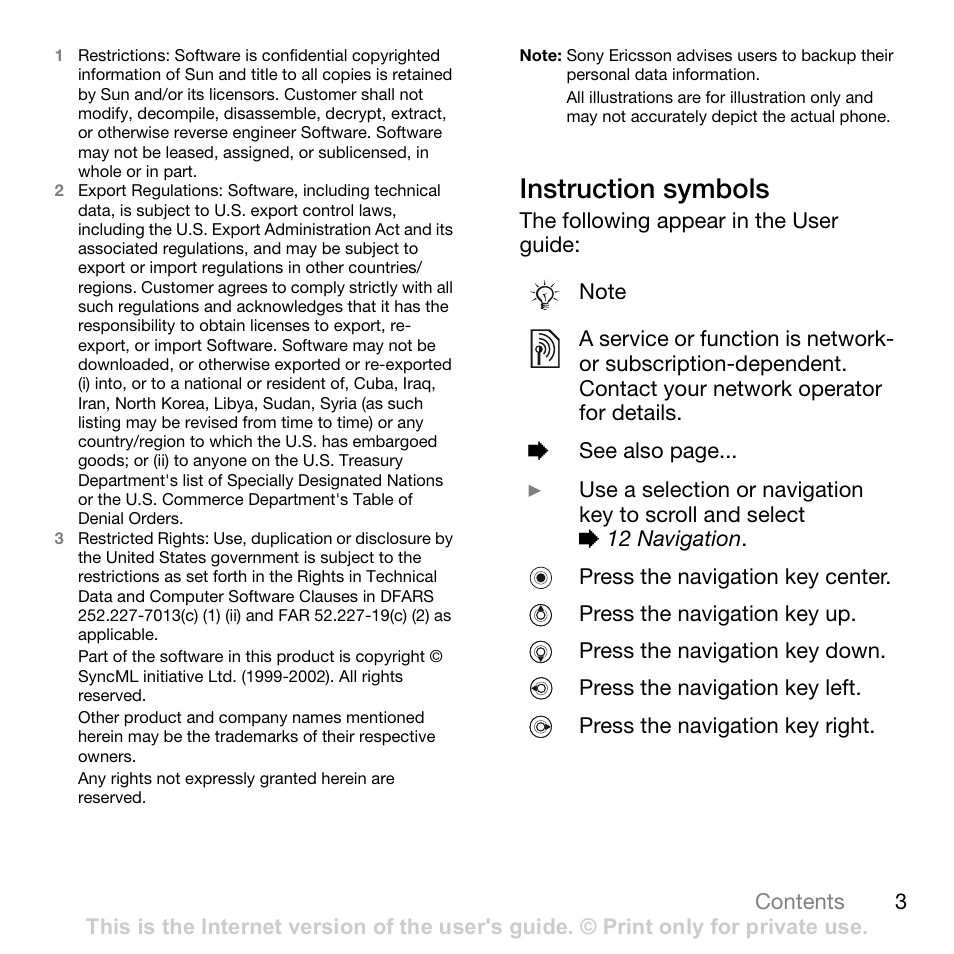 Instruction symbols | Sony Ericsson Z710c User Manual | Page 3 / 99
