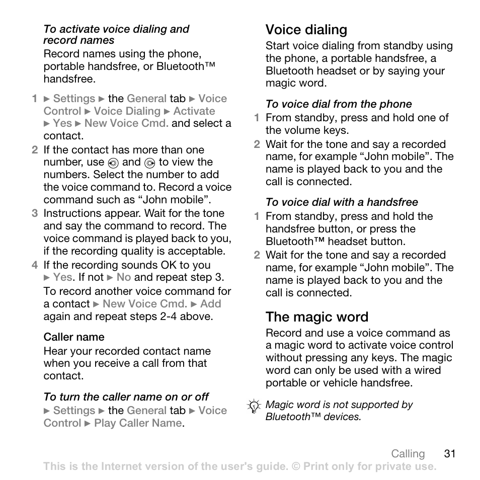Caller name, Voice dialing, The magic word | 31 voice dialing | Sony Ericsson Z710c User Manual | Page 31 / 99