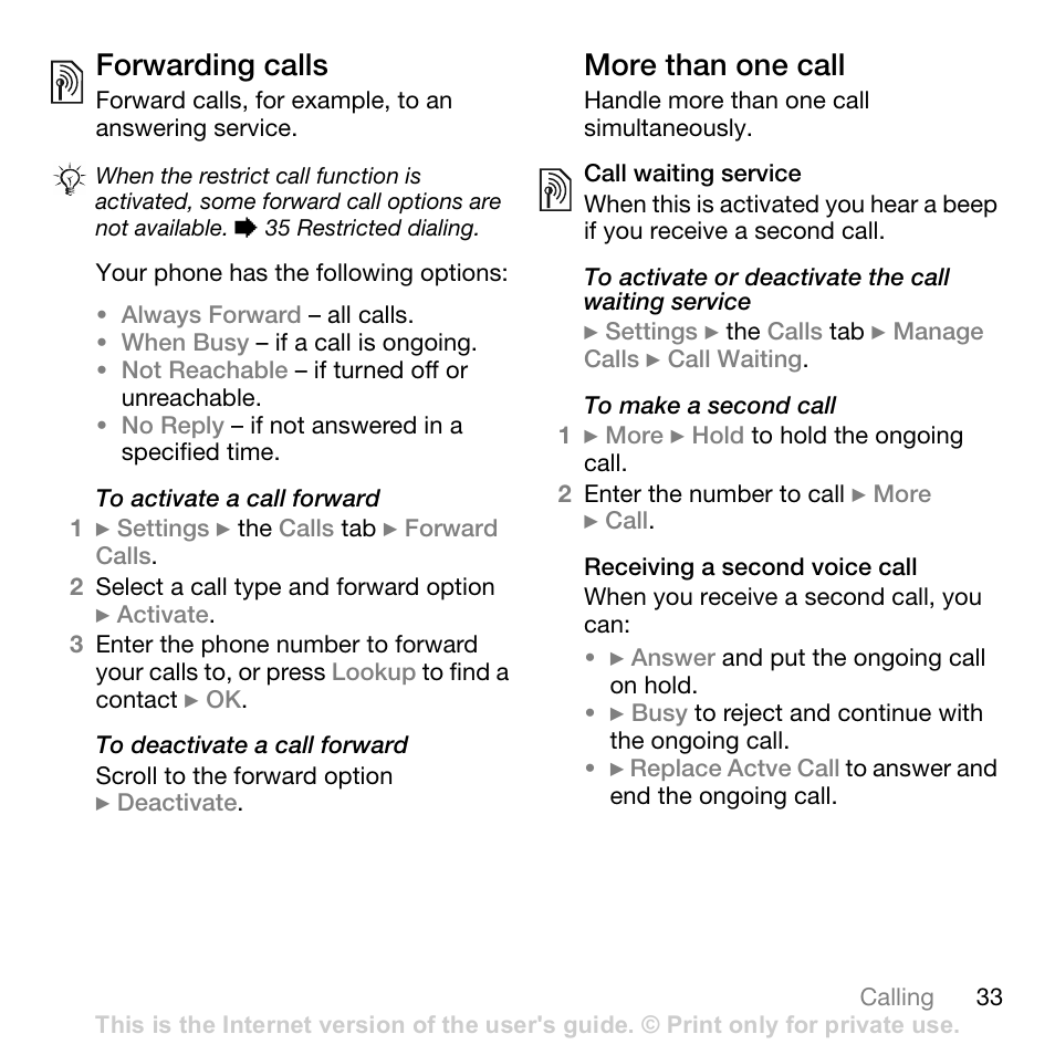 Forwarding calls, More than one call, Call waiting service | Receiving a second voice call | Sony Ericsson Z710c User Manual | Page 33 / 99