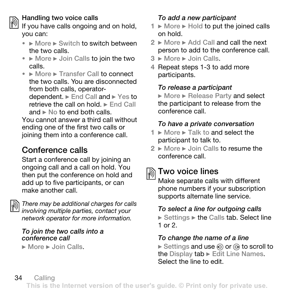 Handling two voice calls, Conference calls, Two voice lines | Sony Ericsson Z710c User Manual | Page 34 / 99