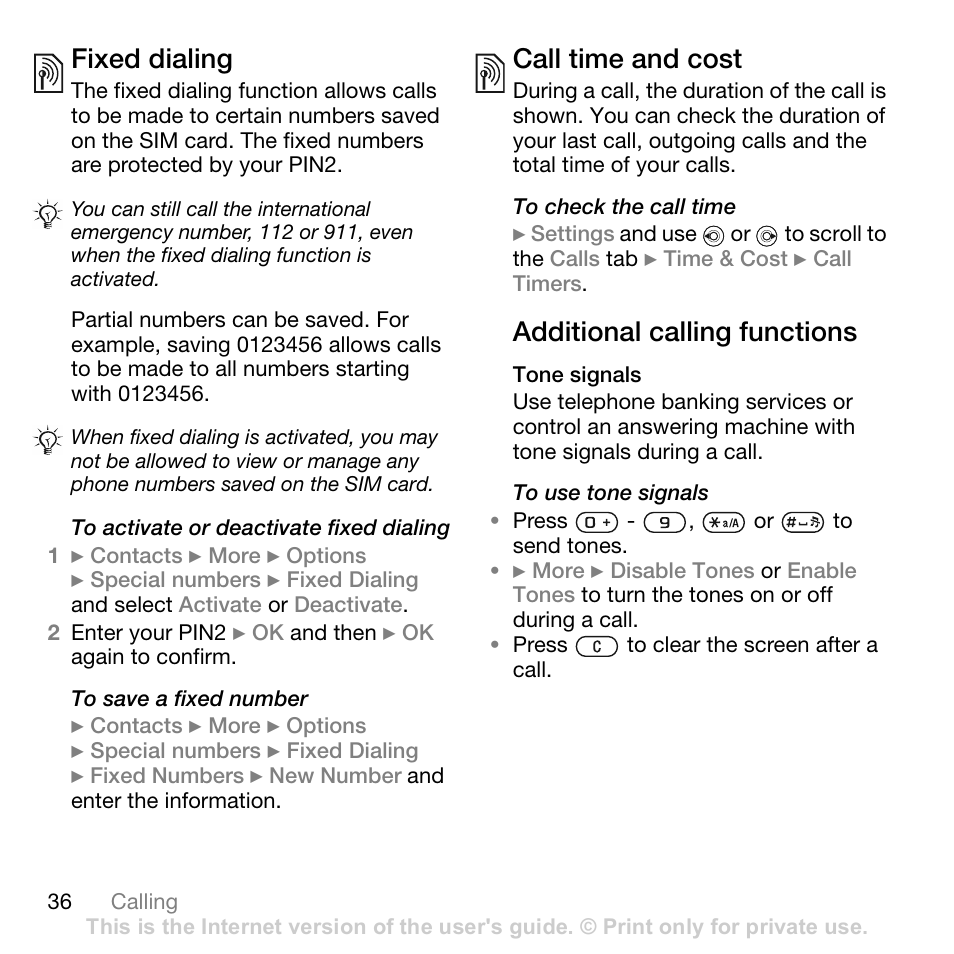 Fixed dialing, Call time and cost, Additional calling functions | Tone signals | Sony Ericsson Z710c User Manual | Page 36 / 99