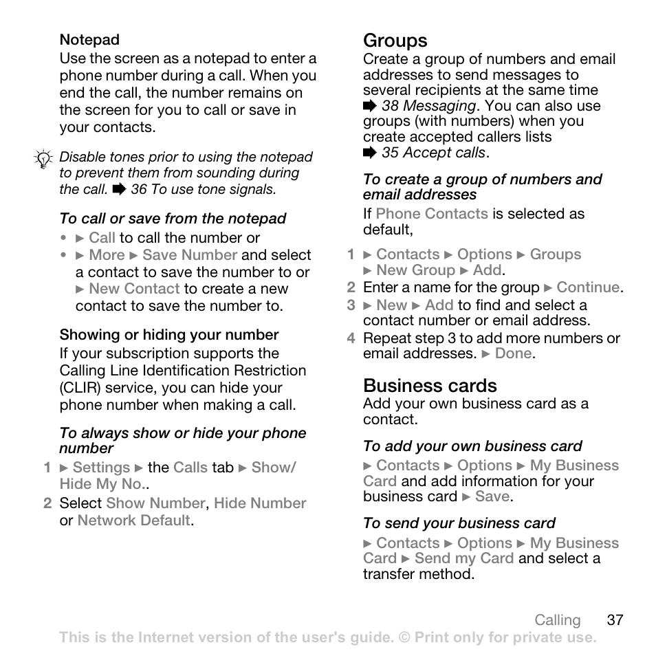 Notepad, Showing or hiding your number, Groups | Business cards, 37 groups | Sony Ericsson Z710c User Manual | Page 37 / 99