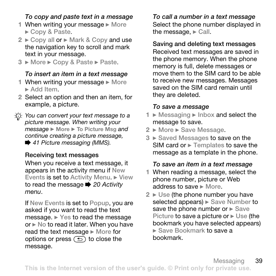 Receiving text messages, Saving and deleting text messages | Sony Ericsson Z710c User Manual | Page 39 / 99