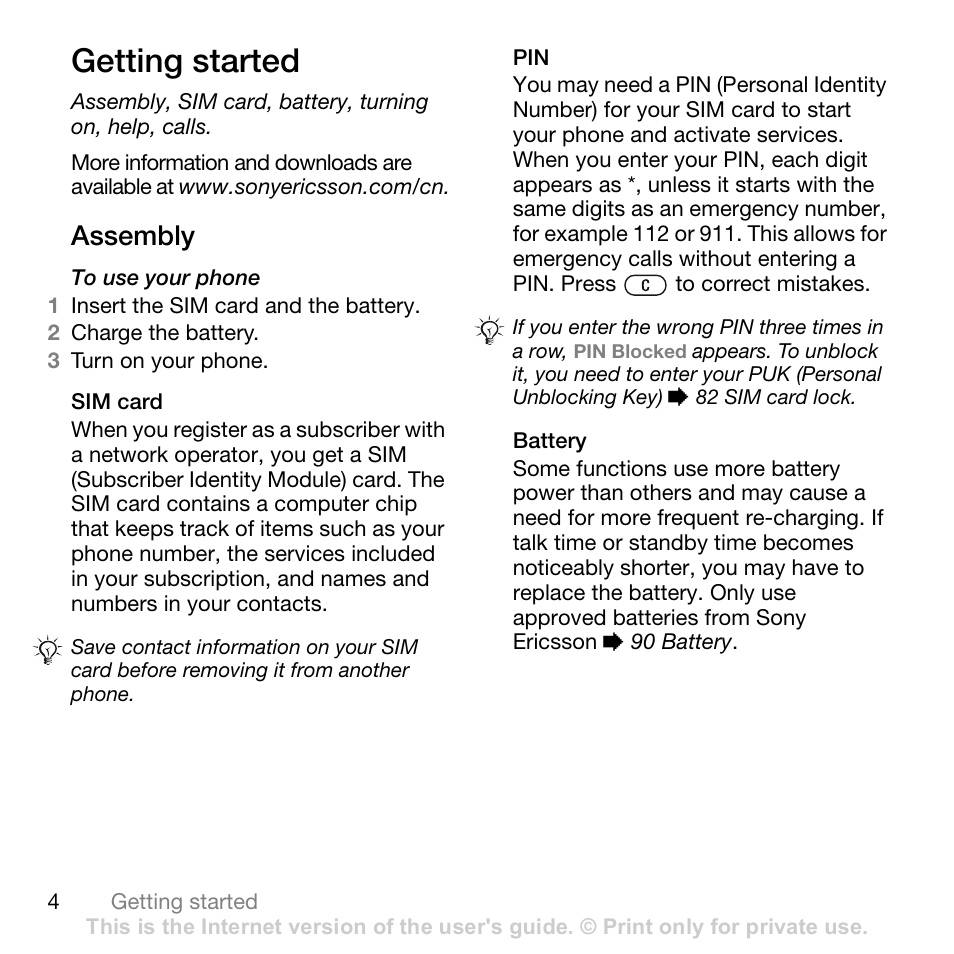 Getting started, Assembly, Sim card | Battery | Sony Ericsson Z710c User Manual | Page 4 / 99