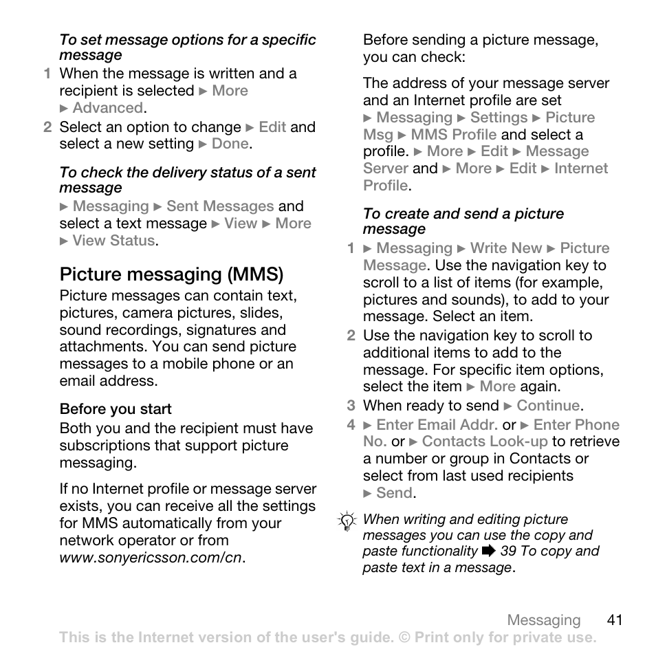 Picture messaging (mms), Before you start, 41 picture messaging (mms) | Sony Ericsson Z710c User Manual | Page 41 / 99