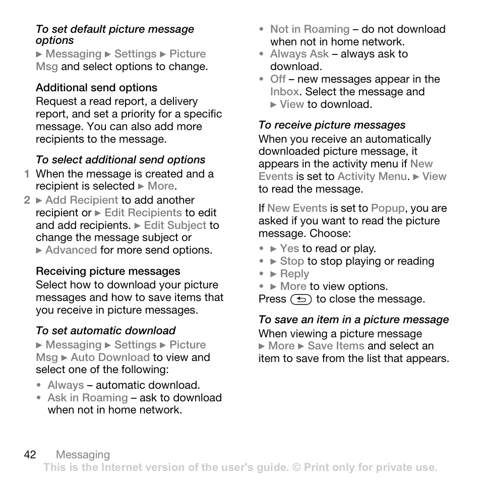 Additional send options, Receiving picture messages | Sony Ericsson Z710c User Manual | Page 42 / 99