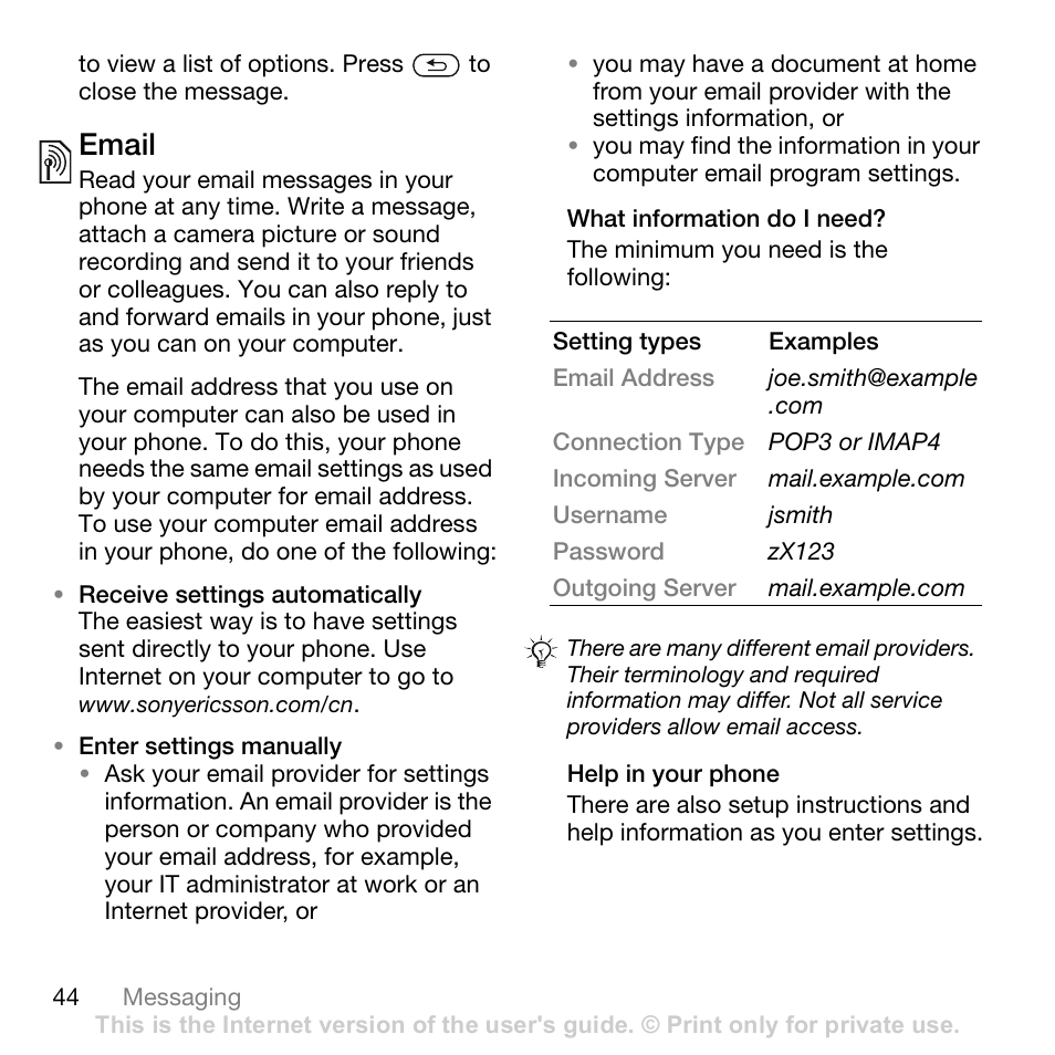 Email, What information do i need, Help in your phone | Sony Ericsson Z710c User Manual | Page 44 / 99