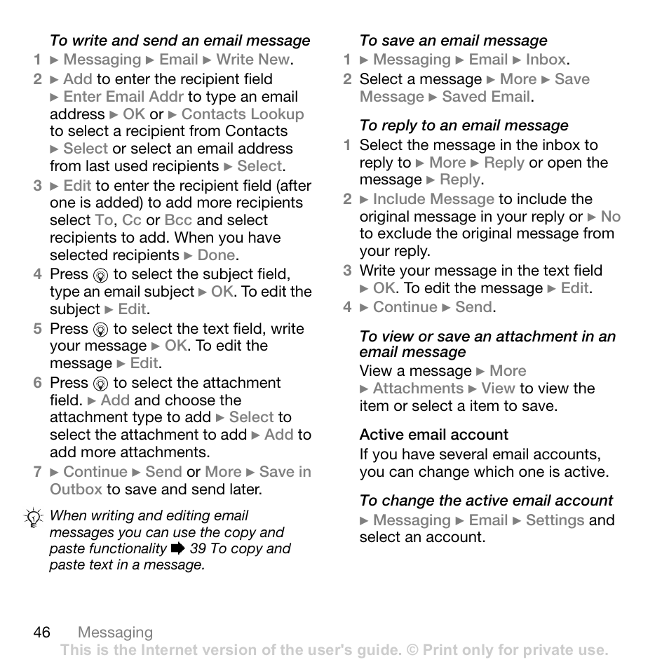 Active email account | Sony Ericsson Z710c User Manual | Page 46 / 99