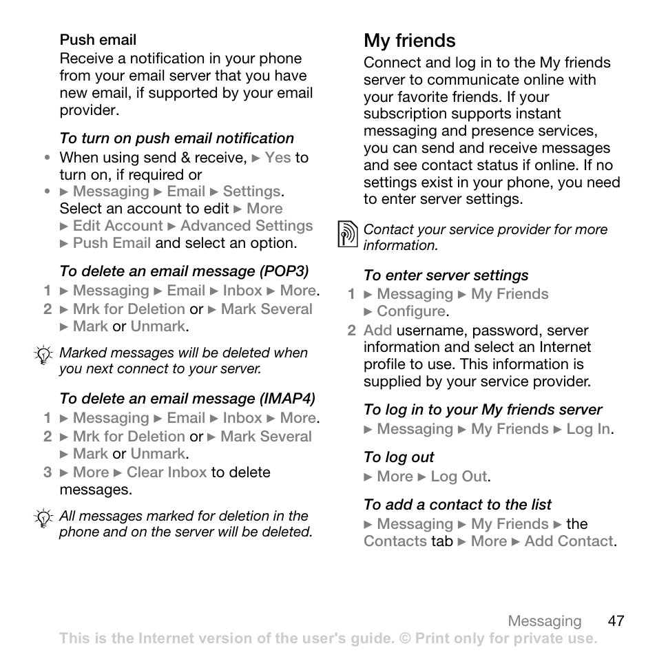 Push email, My friends | Sony Ericsson Z710c User Manual | Page 47 / 99