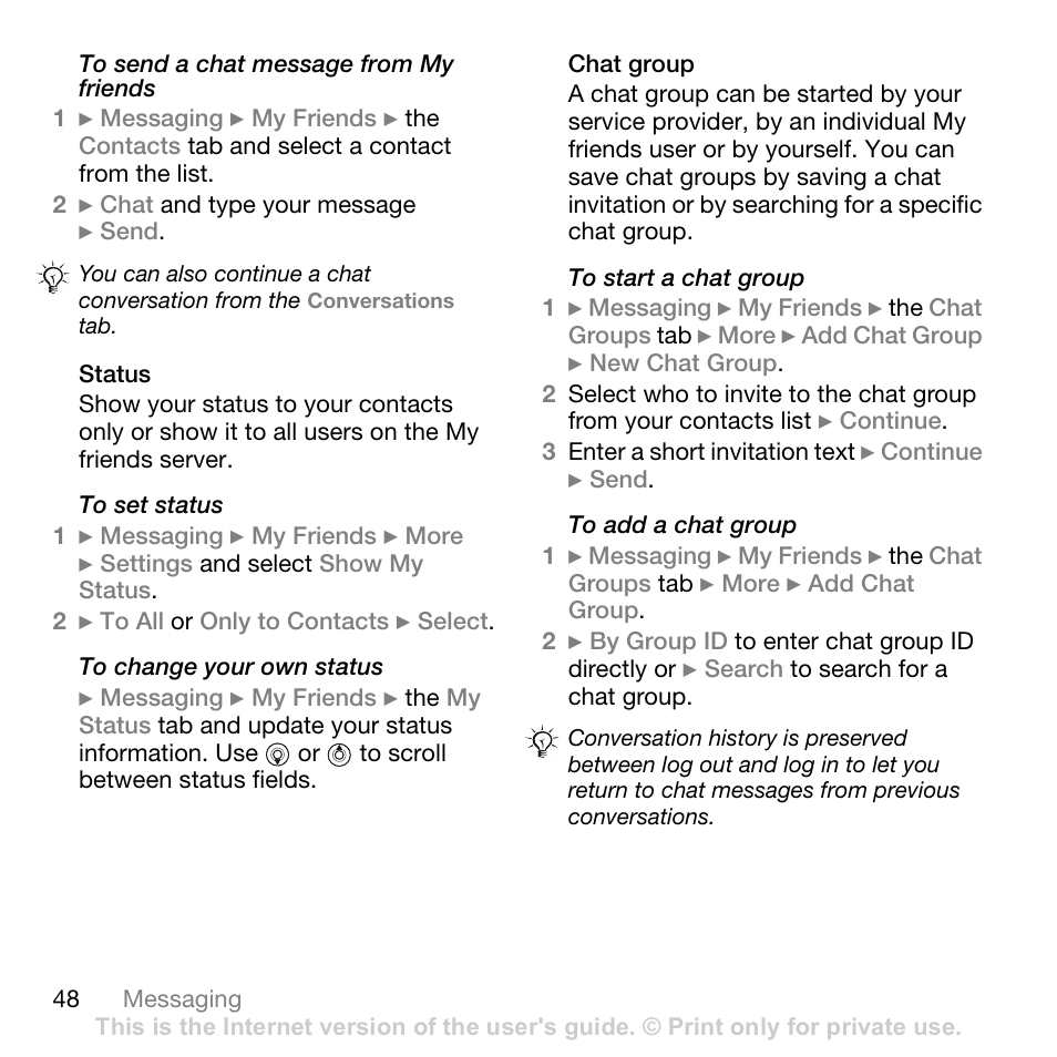 Status, Chat group | Sony Ericsson Z710c User Manual | Page 48 / 99