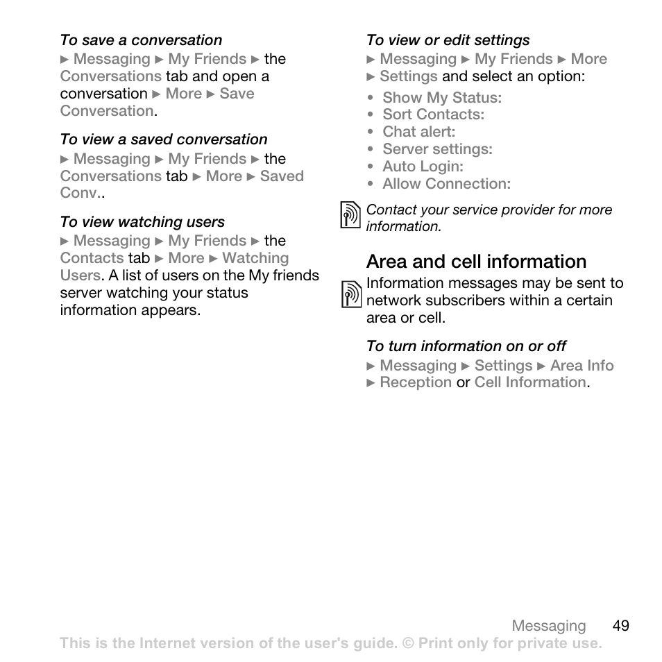 Area and cell information | Sony Ericsson Z710c User Manual | Page 49 / 99