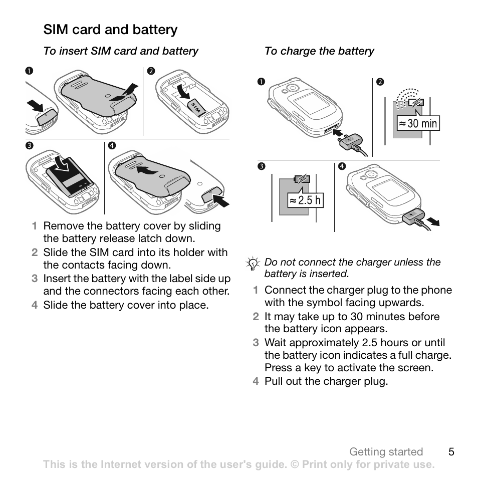 Sim card and battery | Sony Ericsson Z710c User Manual | Page 5 / 99
