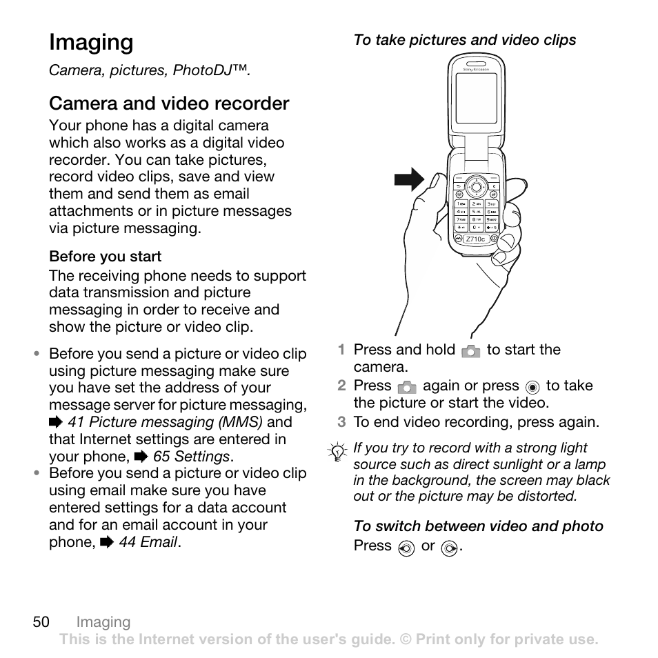 Imaging, Camera and video recorder, Before you start | Camera, pictures, photodj | Sony Ericsson Z710c User Manual | Page 50 / 99