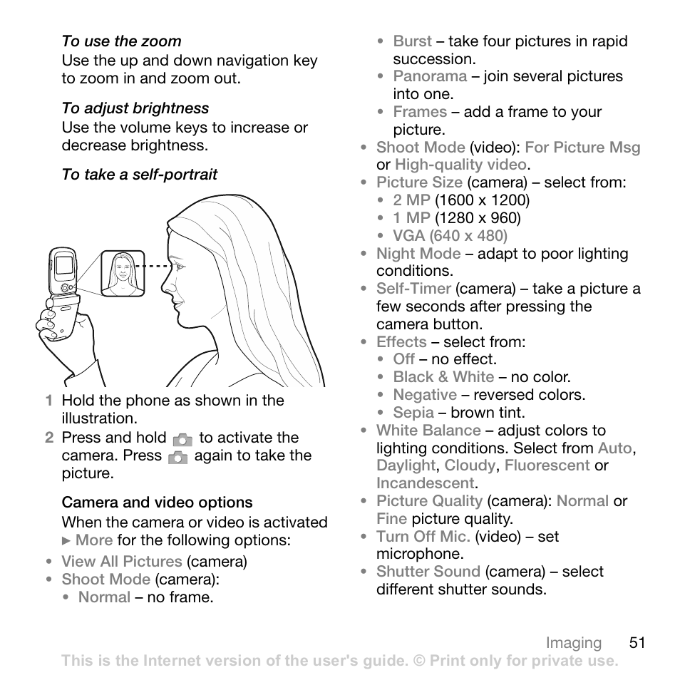 Camera and video options | Sony Ericsson Z710c User Manual | Page 51 / 99