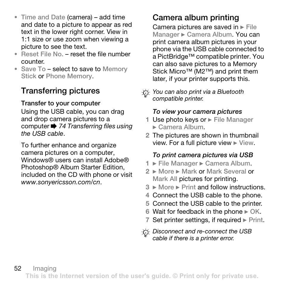 Transferring pictures, Transfer to your computer, Camera album printing | Sony Ericsson Z710c User Manual | Page 52 / 99