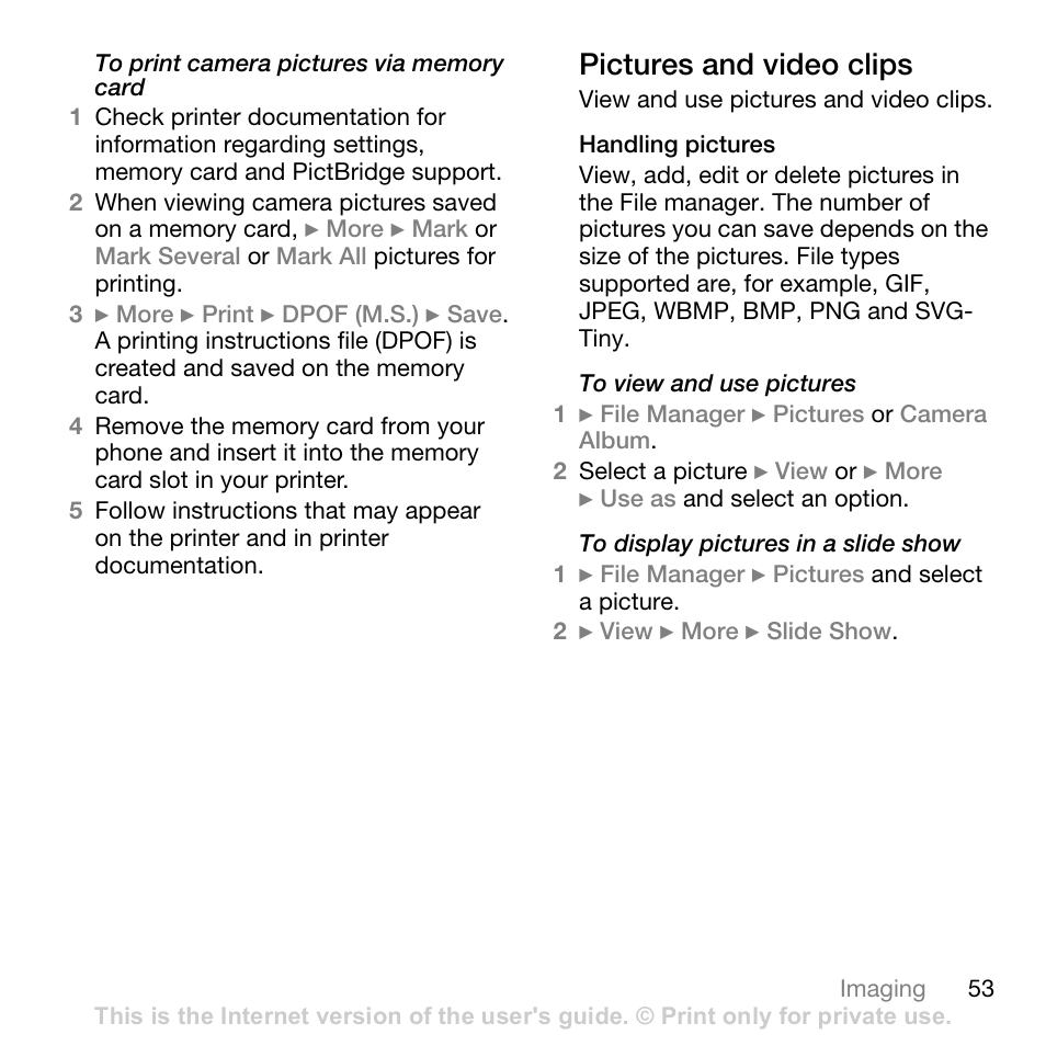 Pictures and video clips, Handling pictures | Sony Ericsson Z710c User Manual | Page 53 / 99
