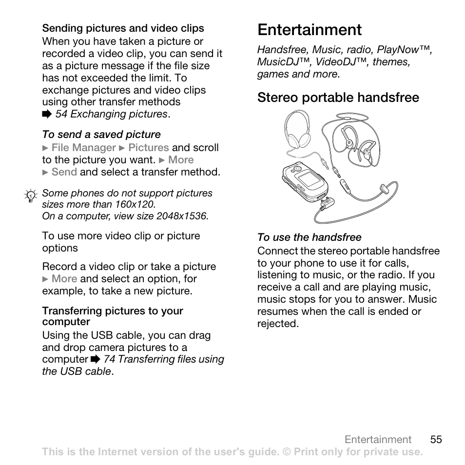 Sending pictures and video clips, Transferring pictures to your computer, Entertainment | Stereo portable handsfree | Sony Ericsson Z710c User Manual | Page 55 / 99