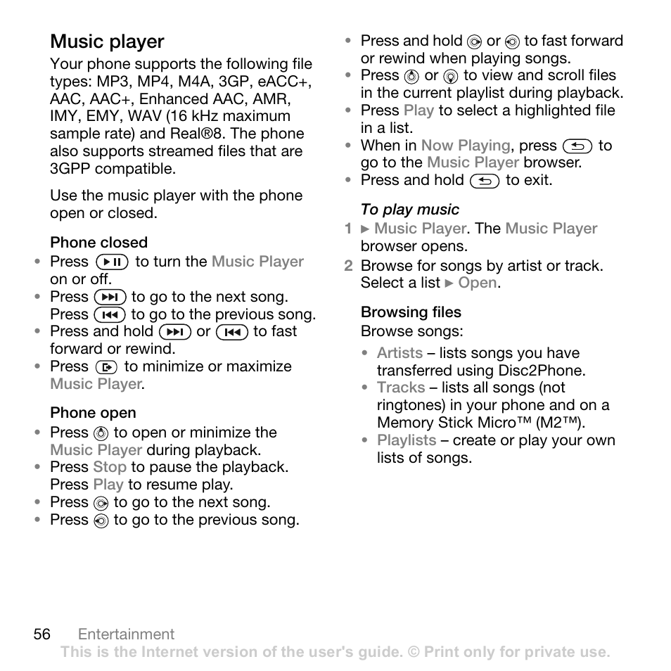 Music player, Phone closed, Phone open | Browsing files | Sony Ericsson Z710c User Manual | Page 56 / 99