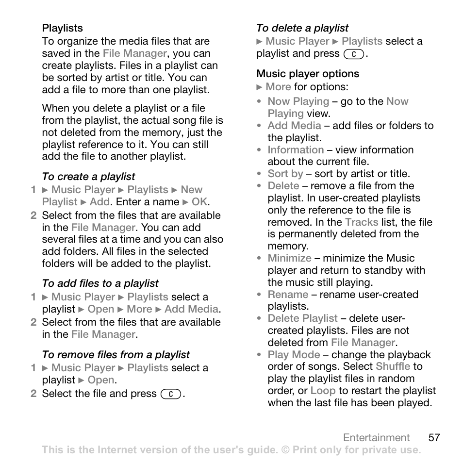 Playlists, Music player options | Sony Ericsson Z710c User Manual | Page 57 / 99
