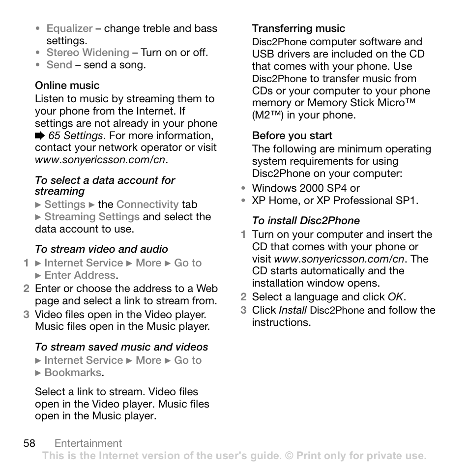 Online music, Transferring music, Before you start | Sony Ericsson Z710c User Manual | Page 58 / 99