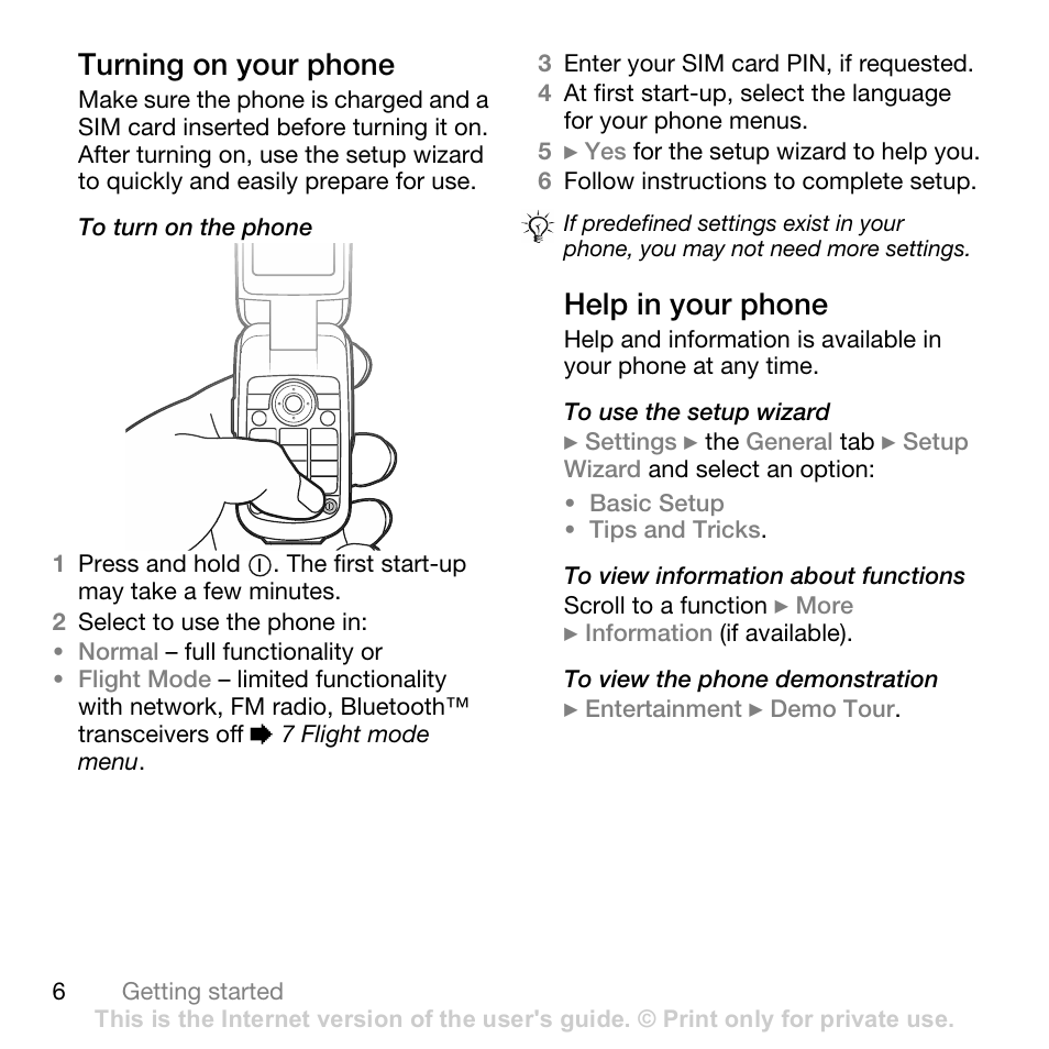 Turning on your phone, Help in your phone | Sony Ericsson Z710c User Manual | Page 6 / 99