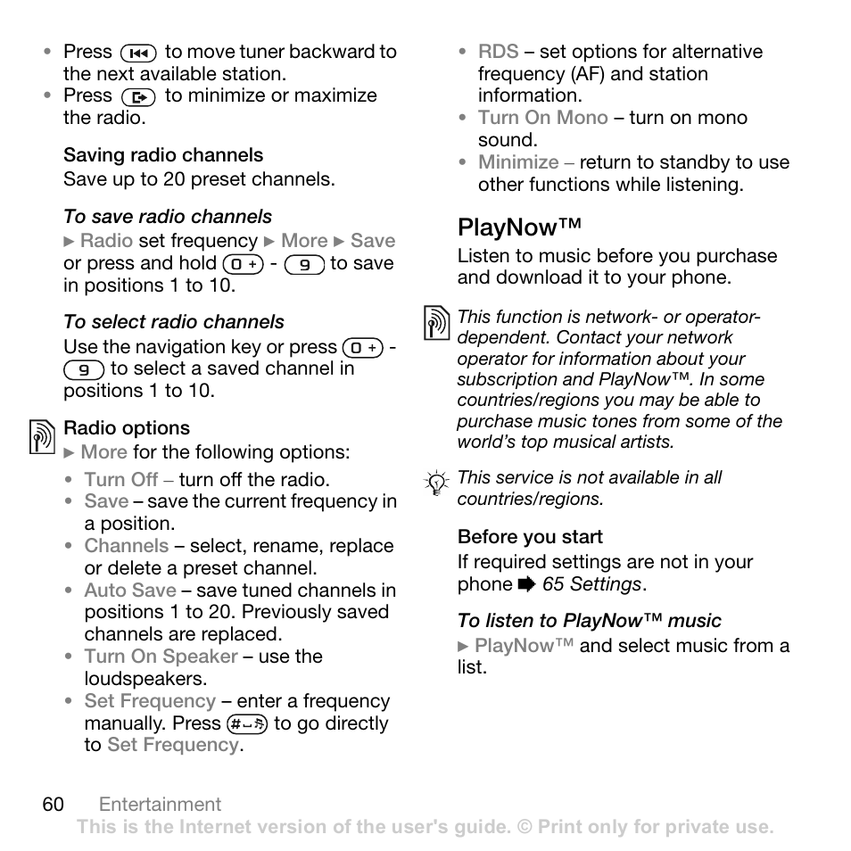 Saving radio channels, Radio options, Playnow | Before you start | Sony Ericsson Z710c User Manual | Page 60 / 99