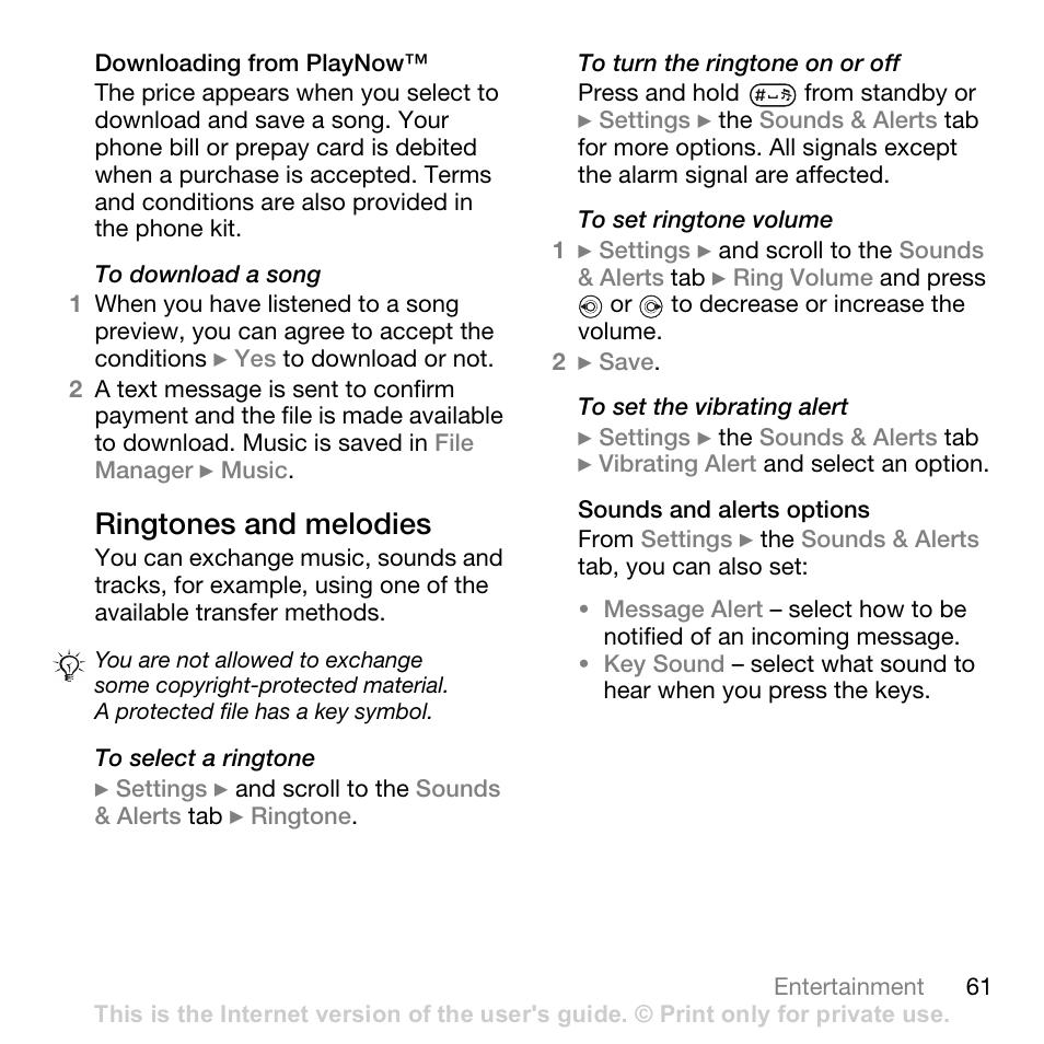 Downloading from playnow, Ringtones and melodies, Sounds and alerts options | Sony Ericsson Z710c User Manual | Page 61 / 99