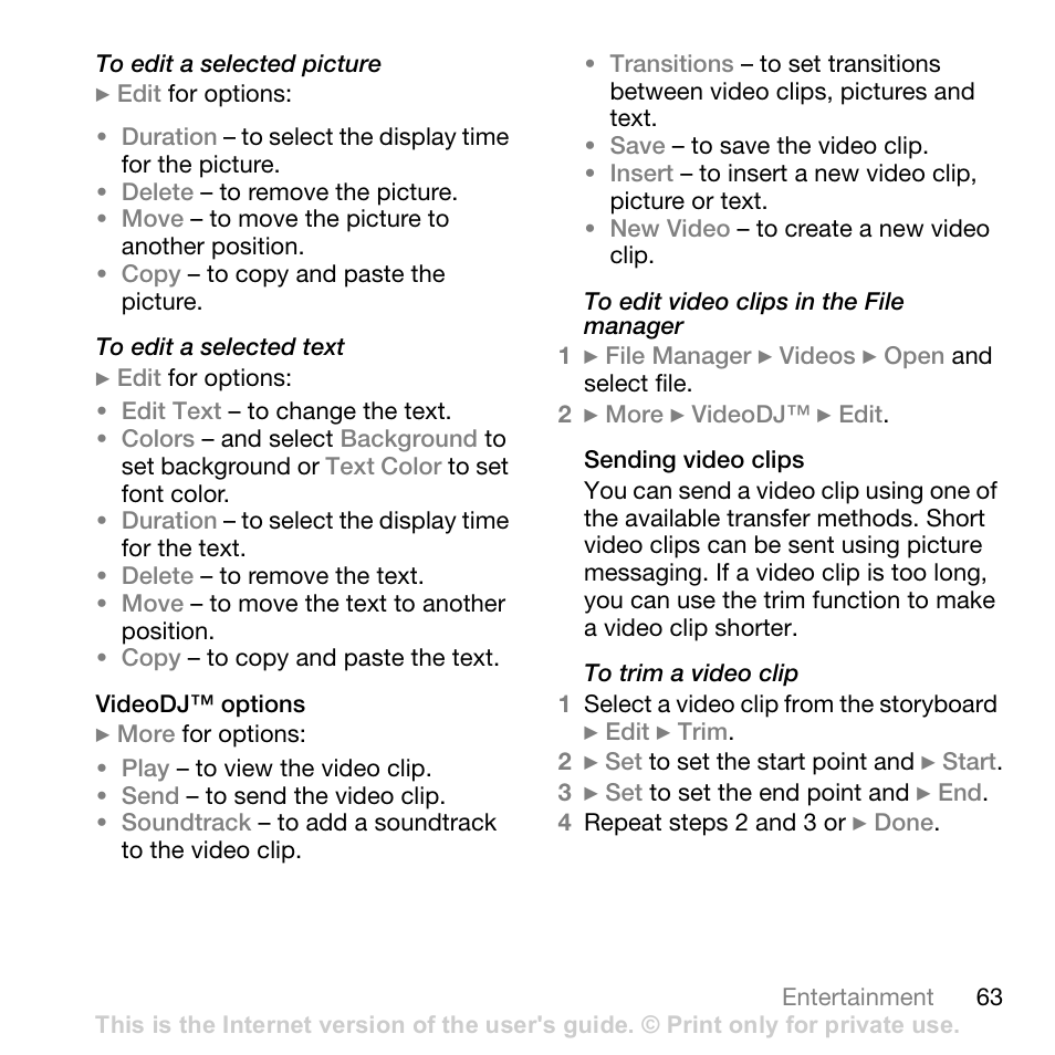 Videodj™ options, Sending video clips | Sony Ericsson Z710c User Manual | Page 63 / 99