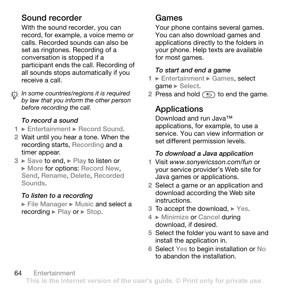 Sound recorder, Games, Applications | Sony Ericsson Z710c User Manual | Page 64 / 99