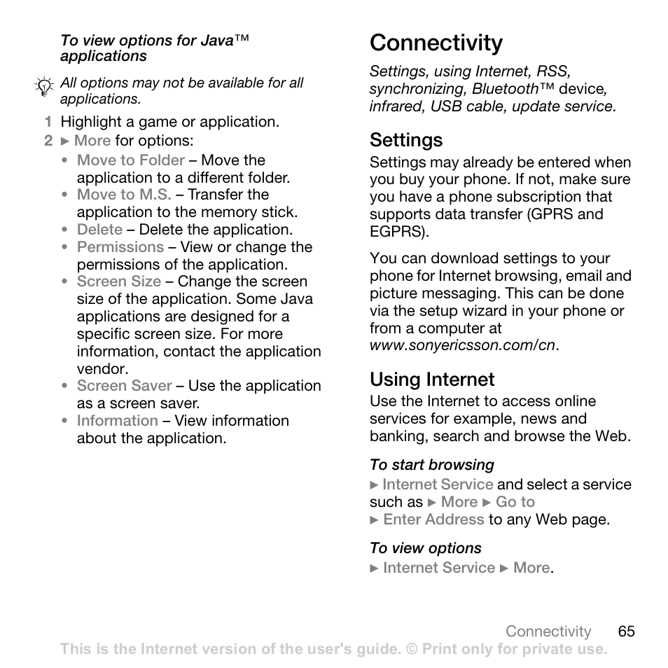 Connectivity, Settings, Using internet | 65 settings | Sony Ericsson Z710c User Manual | Page 65 / 99