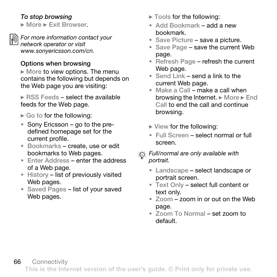 Options when browsing | Sony Ericsson Z710c User Manual | Page 66 / 99