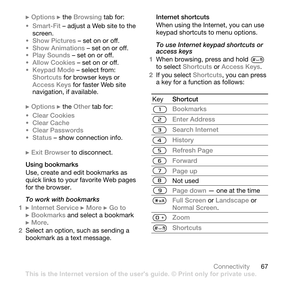 Using bookmarks, Internet shortcuts | Sony Ericsson Z710c User Manual | Page 67 / 99