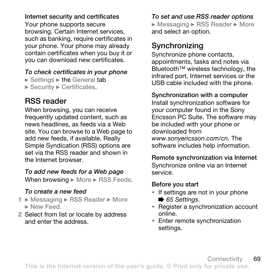 Internet security and certificates, Rss reader, Synchronizing | Synchronization with a computer, Remote synchronization via internet, Before you start, 69 synchronizing | Sony Ericsson Z710c User Manual | Page 69 / 99