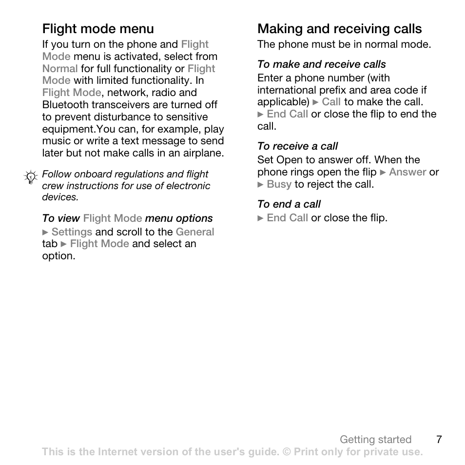 Flight mode menu, Making and receiving calls | Sony Ericsson Z710c User Manual | Page 7 / 99